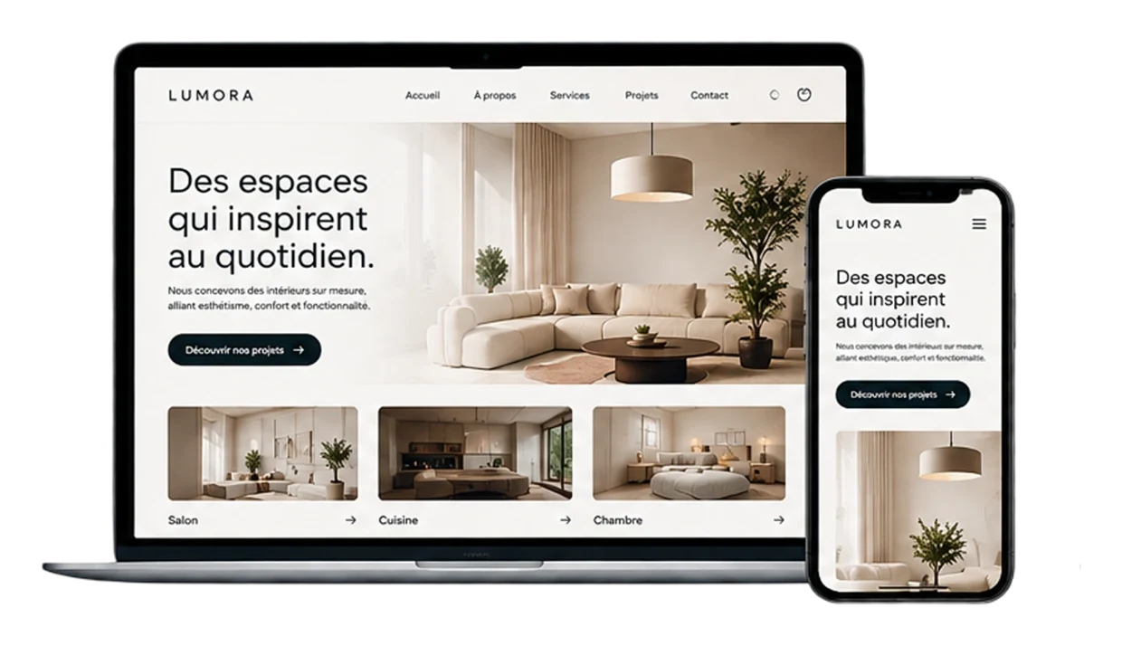 Site WordPress au thème sur mesure Lumora présenté sur ordinateur et mobile